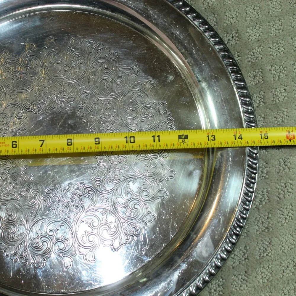 Vintage Wm A. Rogers Round Silver-Plated Platter Tray Braided Rope Edge 15”